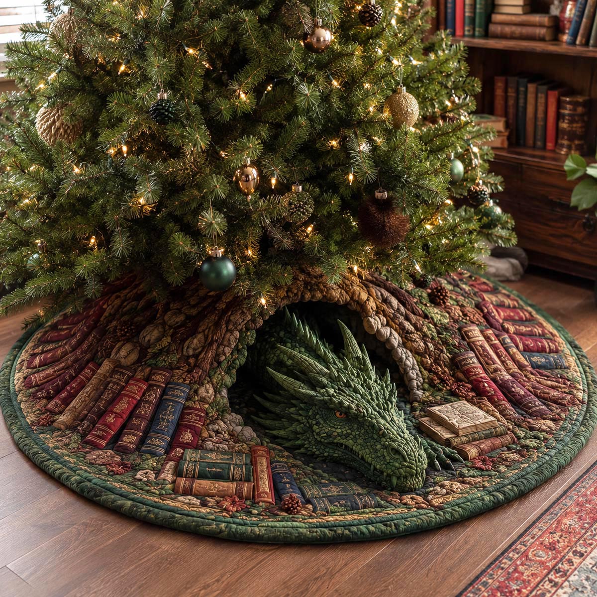 Emerald Library Dragon Christmas Quilted Tree Skirt NCU0DV10024