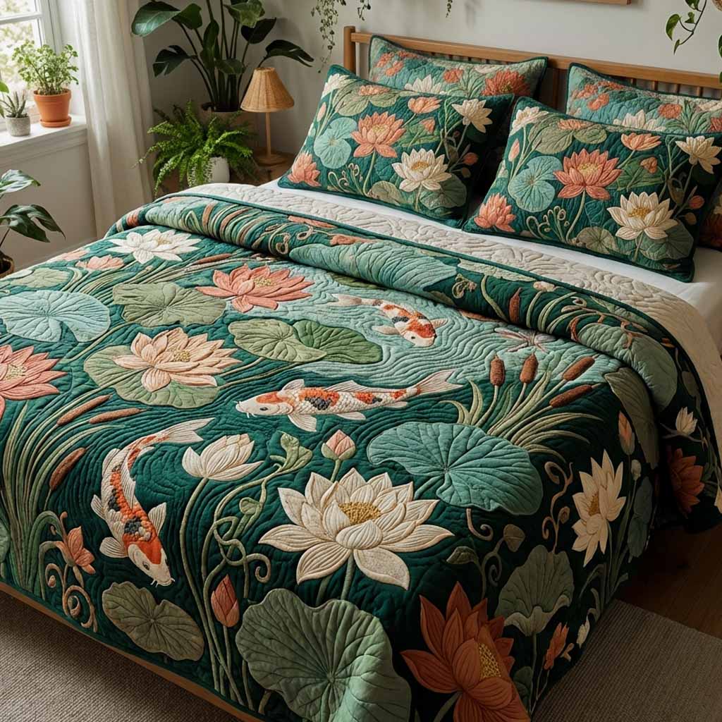 Emerald Lotus 3-Piece Quilted Bedding Set NCU0XD2629