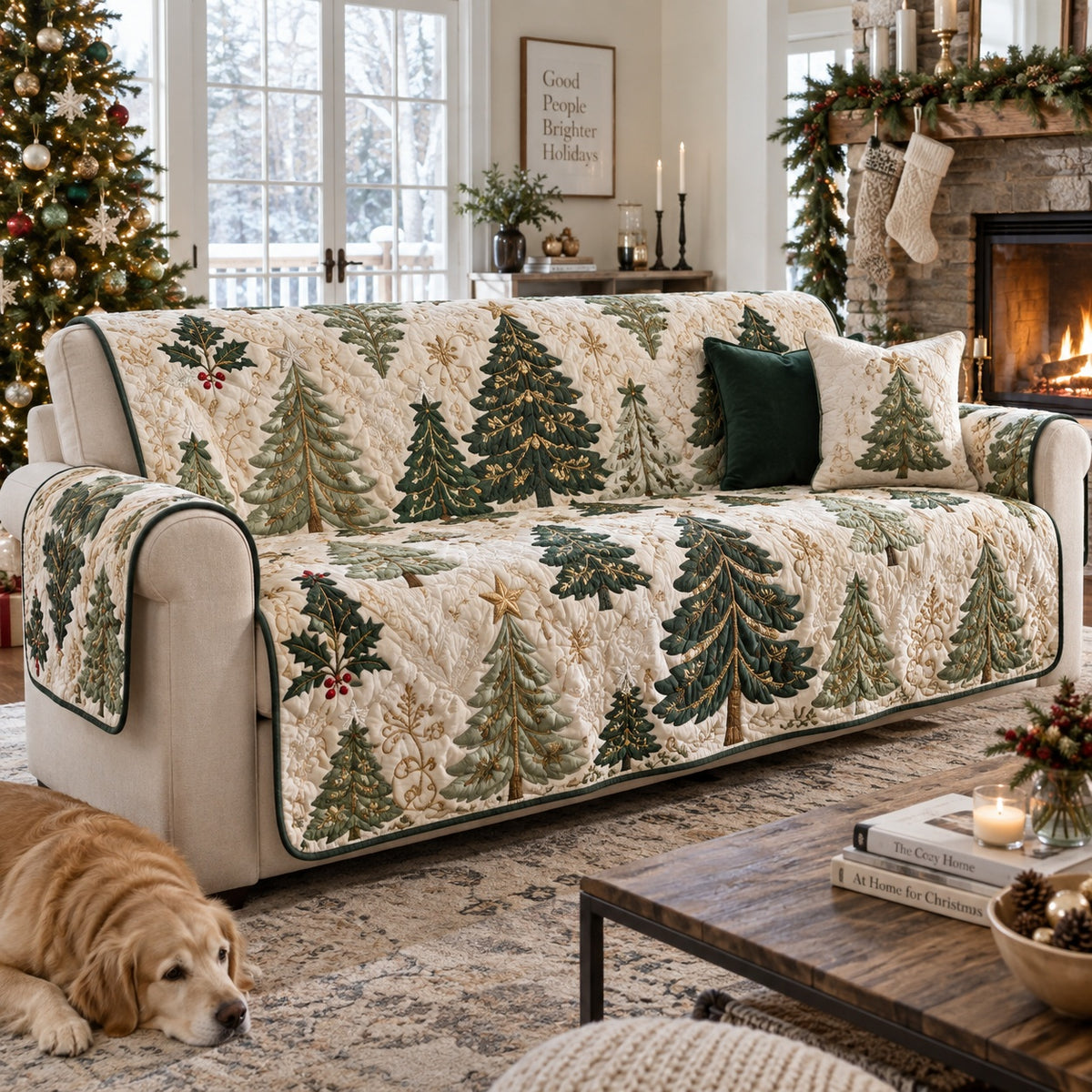 Emerald Yule Pines Quilted Sofa Cover NCU0VL4049