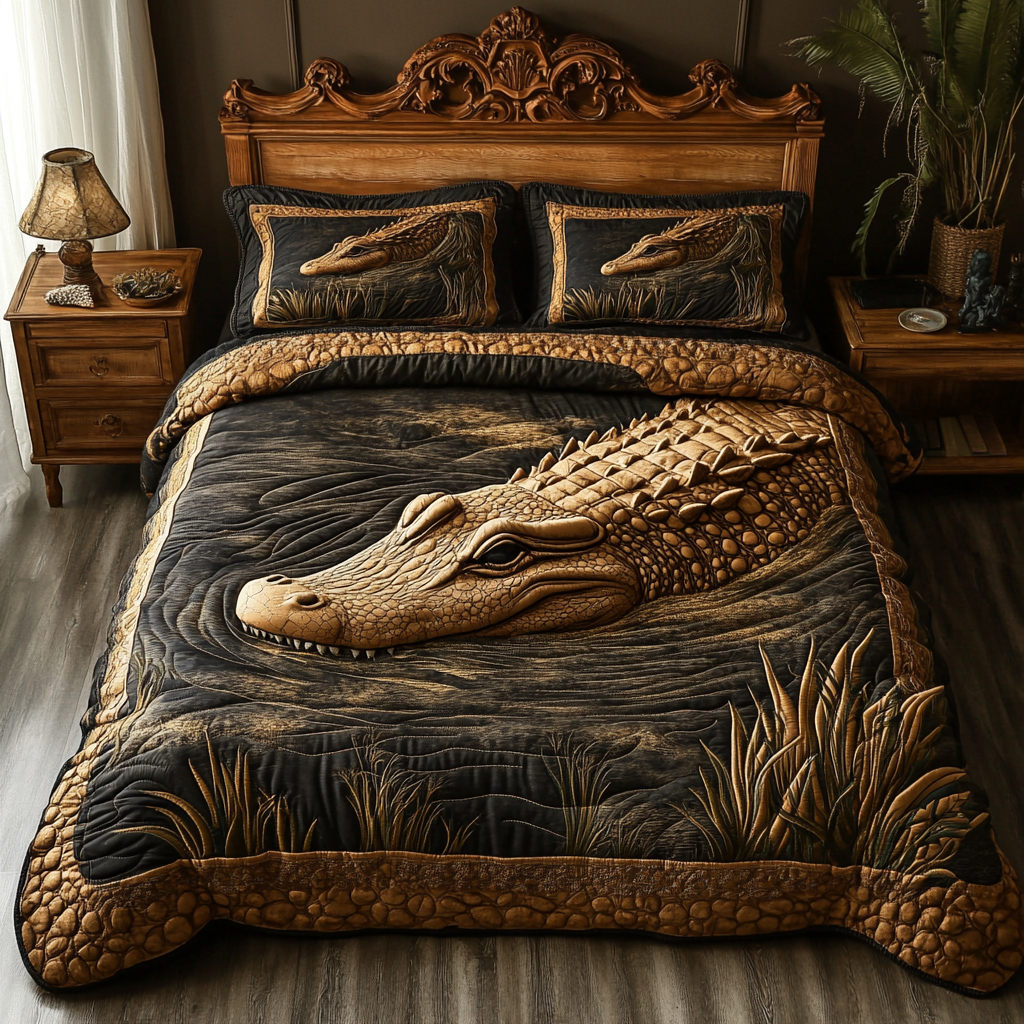Everglades Alligator Hunt 3-Piece Quilted Bedding Set NCU0DV5369