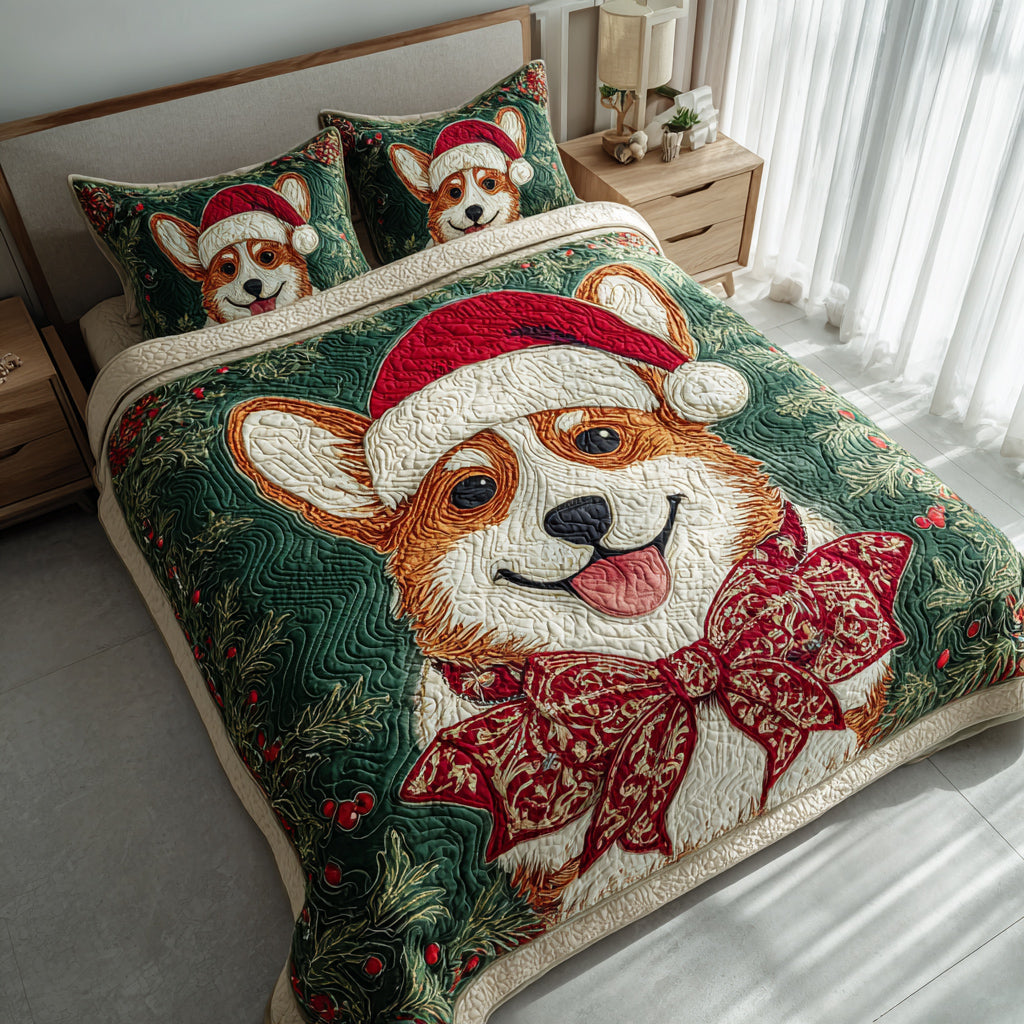 Evergreen Corgi Joy 3-Piece Quilted Bedding Set NCU0HH377