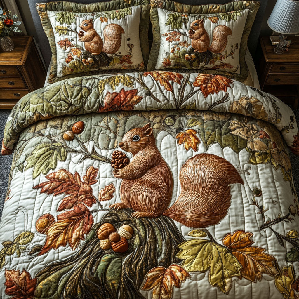Fall Harvest Squirrel 3-Piece Quilted Bedding Set NCU0PT7923