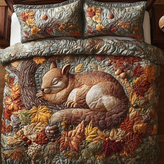 Fall Woodland Squirrel 3-Piece Quilted Bedding Set NCU0PT8110