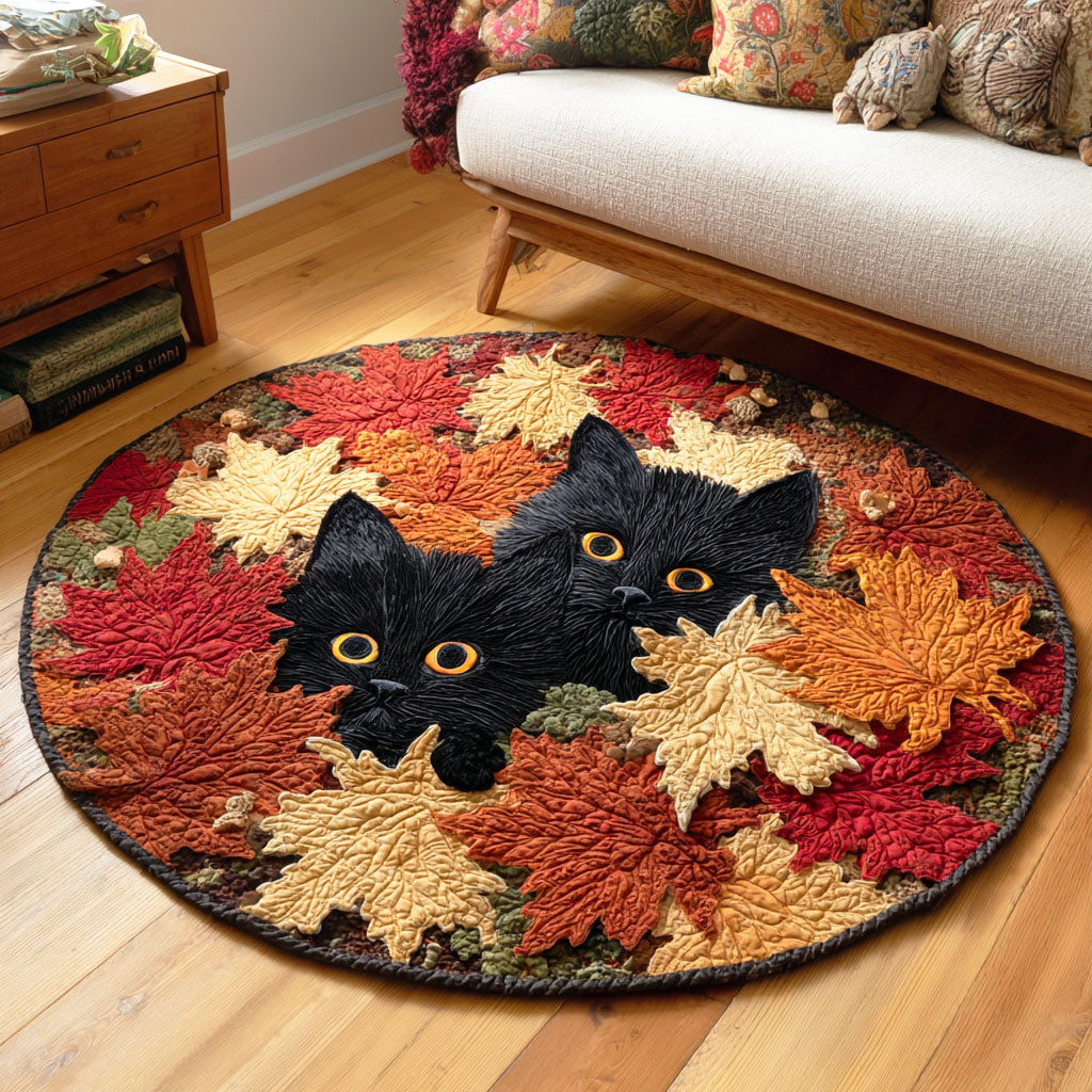 Fallen Leaves Cat Quilted Round Mat NCU0TD919