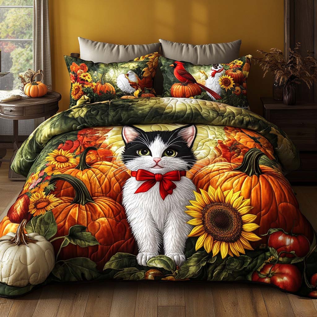 Falling Leaves Cat 3-Piece Quilted Bedding Set NCU0NT8834