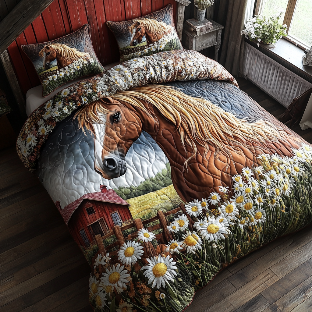 FarmYard Horse 3-Piece Quilted Bedding Set NCU0DV5250