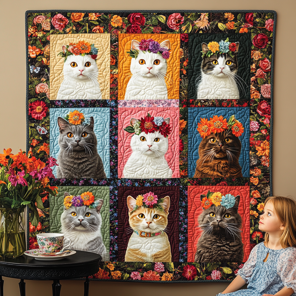 Feline Blossom Beauty Quilted Blanket NCU0TL1159