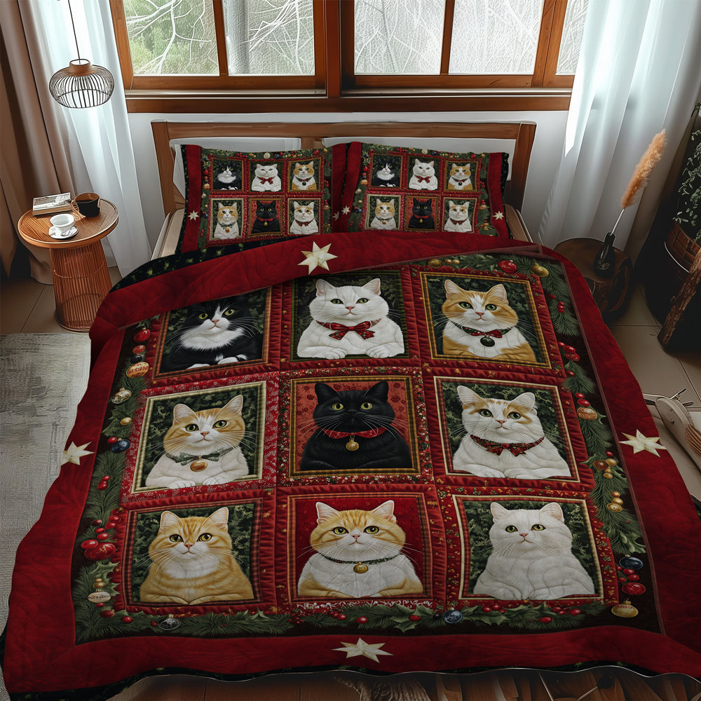 Feline Holiday Spirit 3-Piece Quilted Bedding Set NCU0TL1767