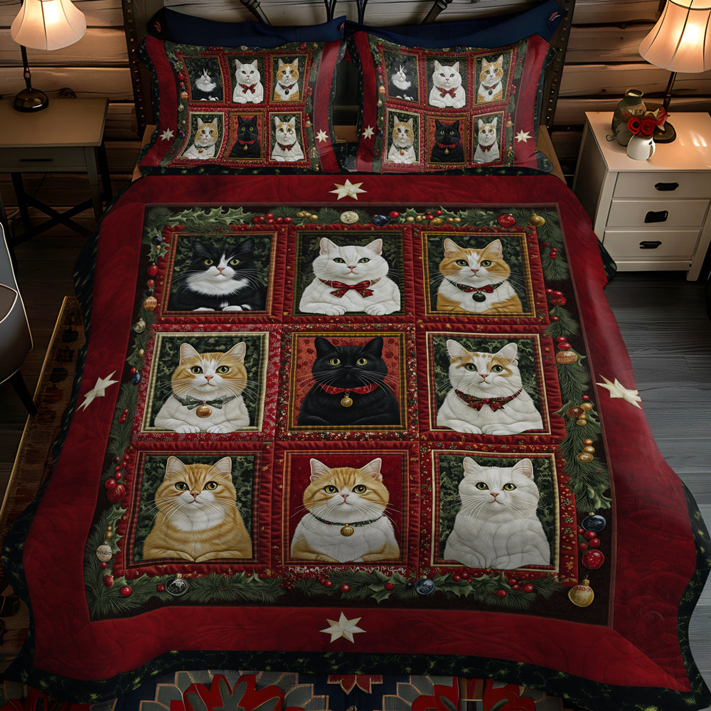 Feline Holiday Spirit 3Piece Quilted Bedding Set NCU0TL1767 Vantique
