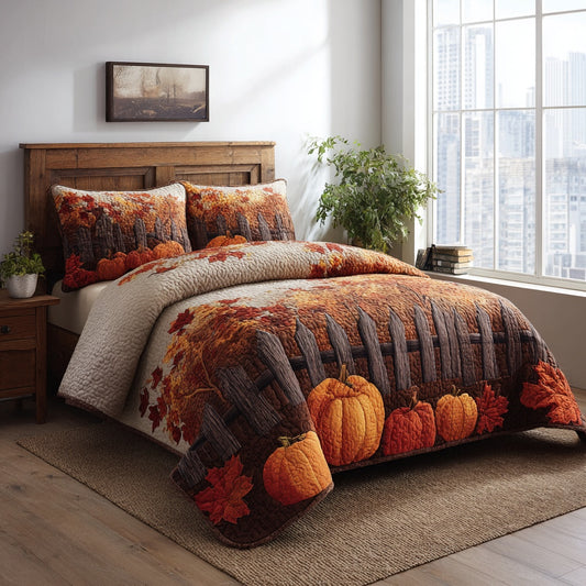 Fence Pumpkins 3-Piece Quilted Bedding Set NCU0VL3723
