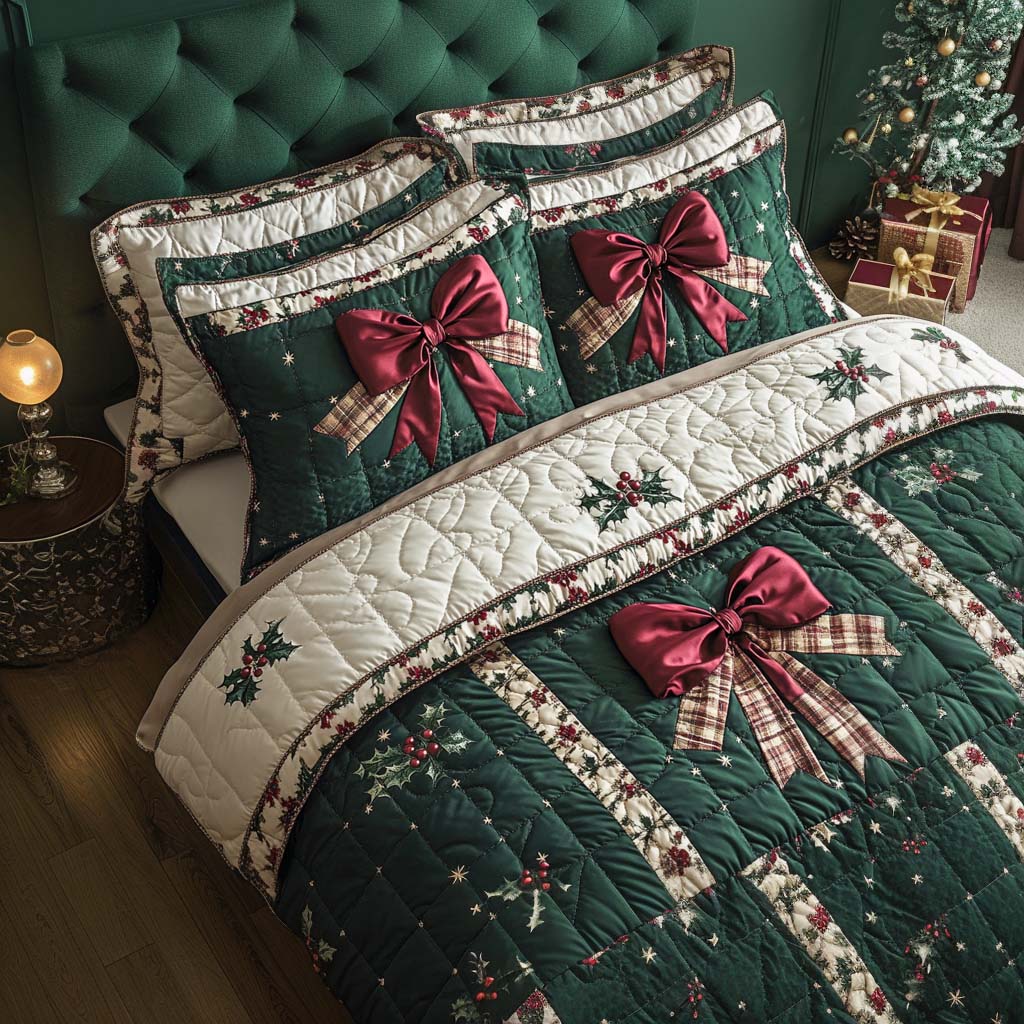 Festive Bow Serenade 3-Piece Quilted Bedding Set NCU0XD206