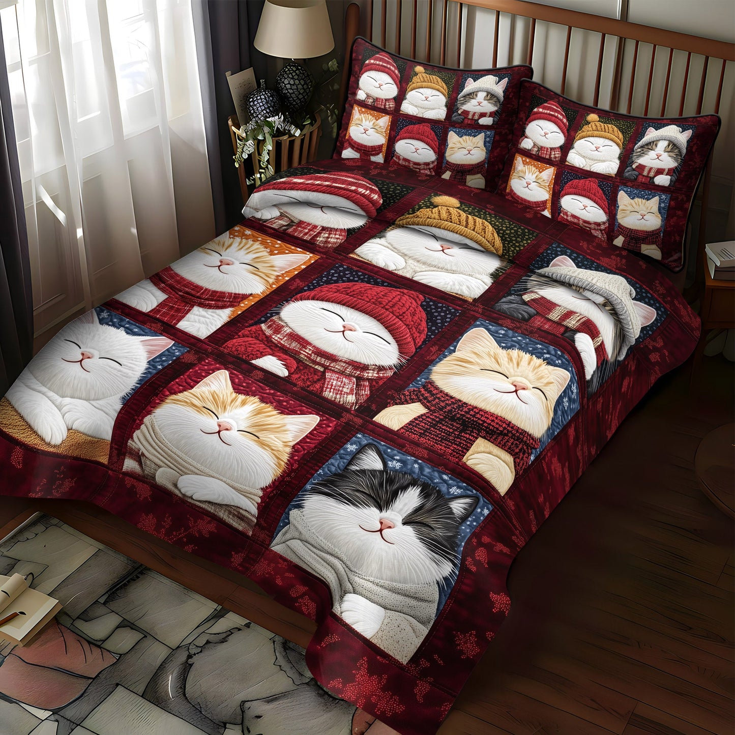 Festive Feline Cheer 3-Piece Quilted Bedding Set NCU0TL1184