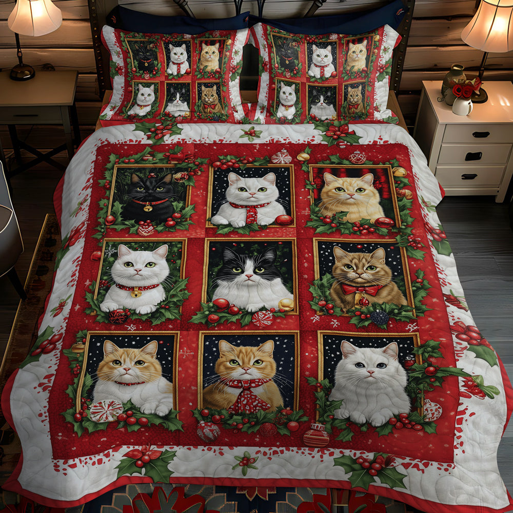 Festive Feline Cheer 3-Piece Quilted Bedding Set NCU0TL1754