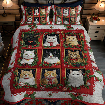 Festive Feline Cheer 3-Piece Quilted Bedding Set NCU0TL1754