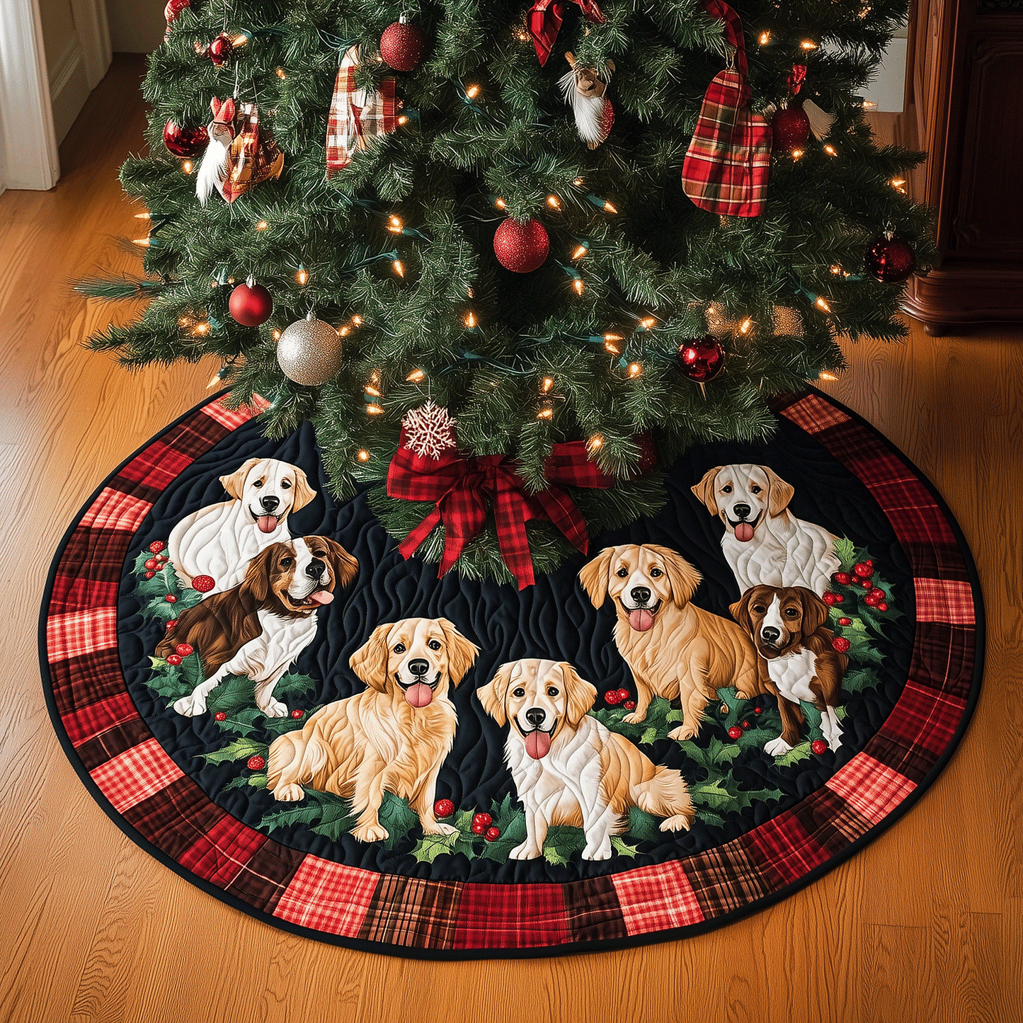 Festive Golden Retriever Quilted Christmas Tree Skirt NCU0TH2005
