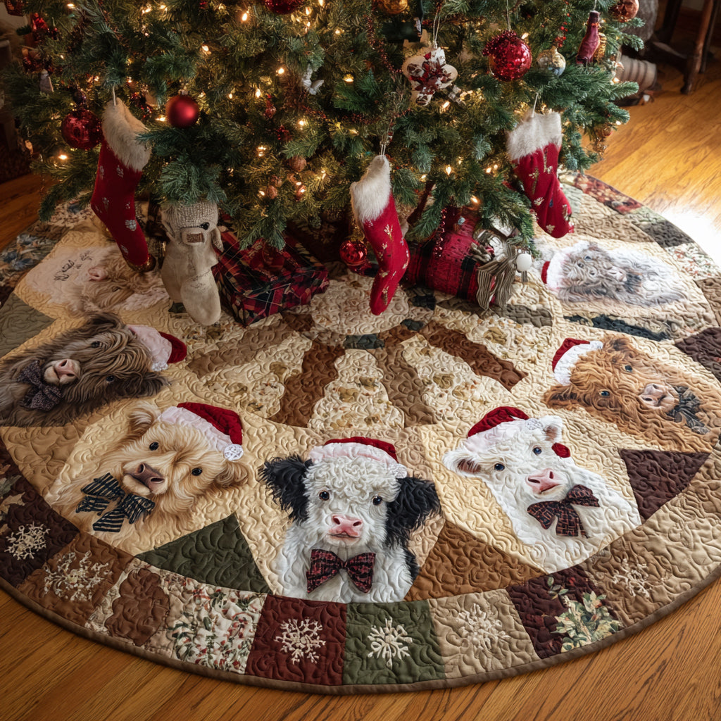 Festive Highland Cow Quilted Christmas Tree Skirt NCU0HH1190