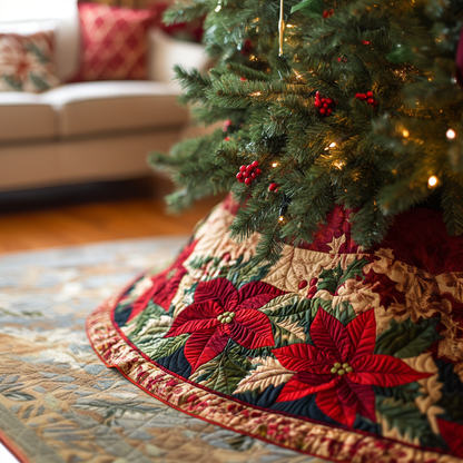 Festive Poinsettia Christmas Quilted Tree Skirt NCU0VH334