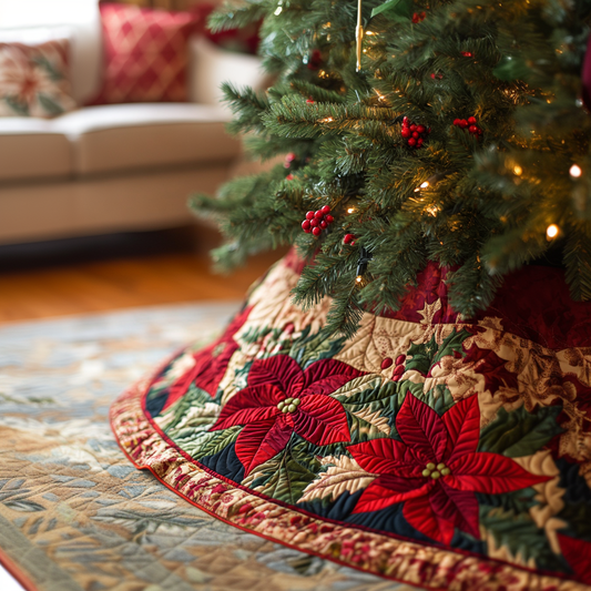 Festive Poinsettia Christmas Quilted Tree Skirt NCU0VH334