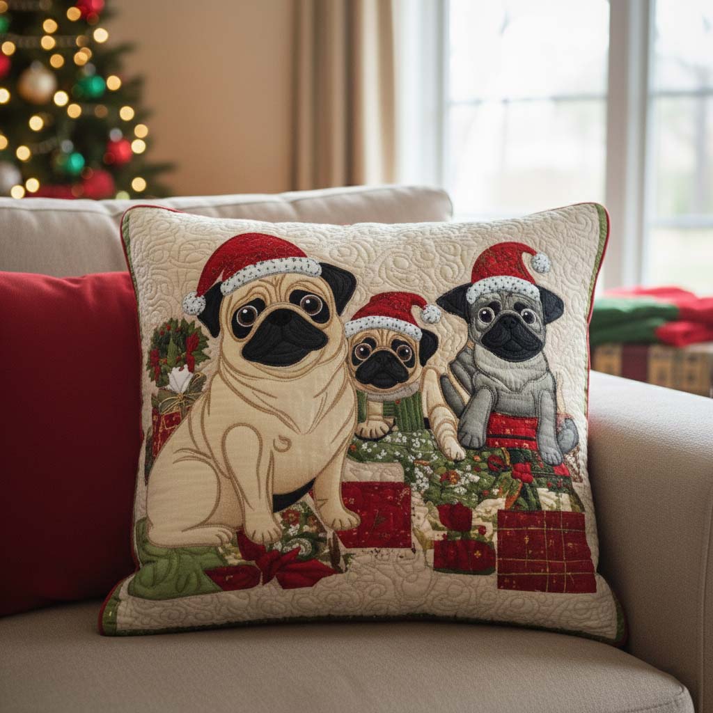 Festive Pug Trio Quilted Pillow Case NCU0PT9811