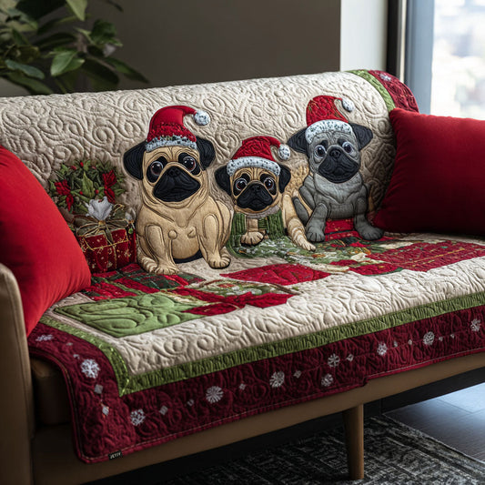 Festive Pug Trio Quilted Sofa Cover NCU0PT9811