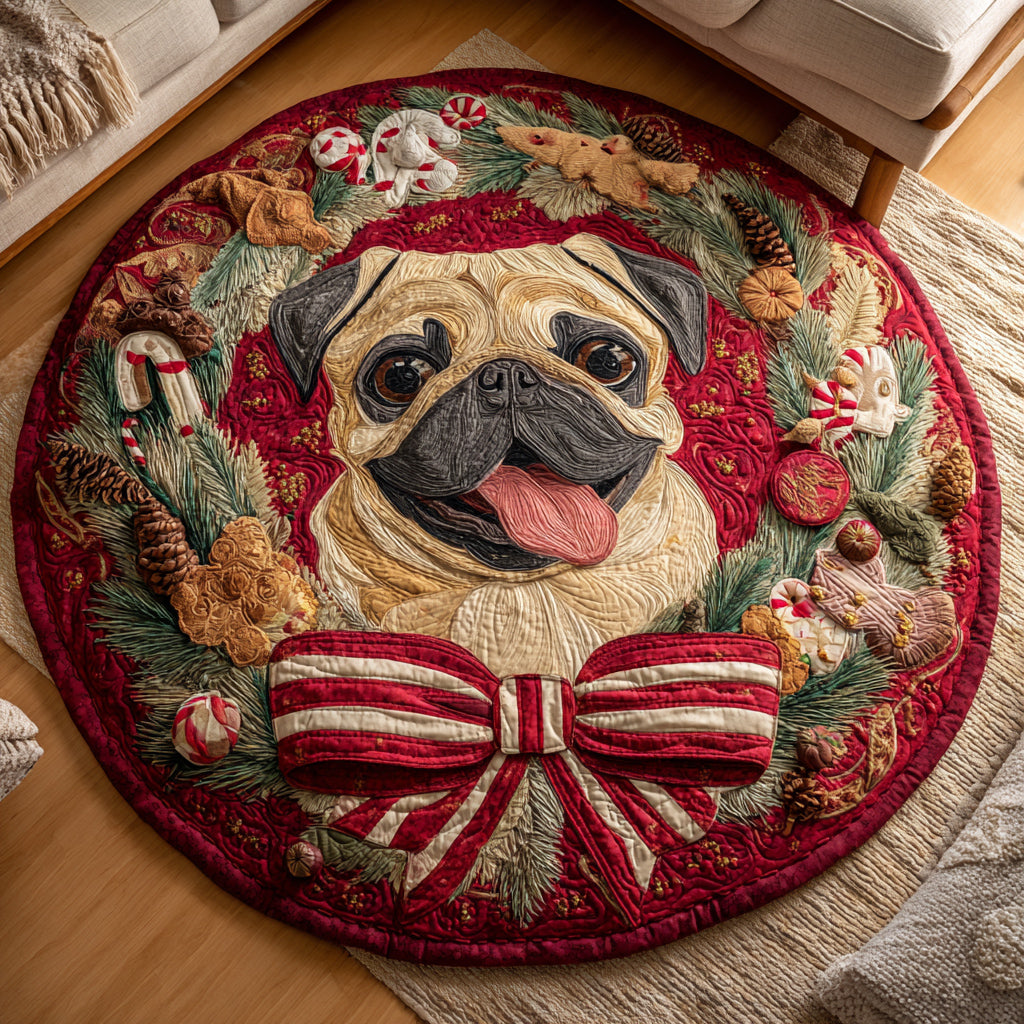 Festive Pug Wreath Quilted Round Mat NCU0HH409
