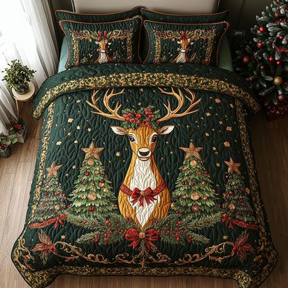 Festive Reindeer Forest 3-Piece Quilted Bedding Set NCU0DV1726