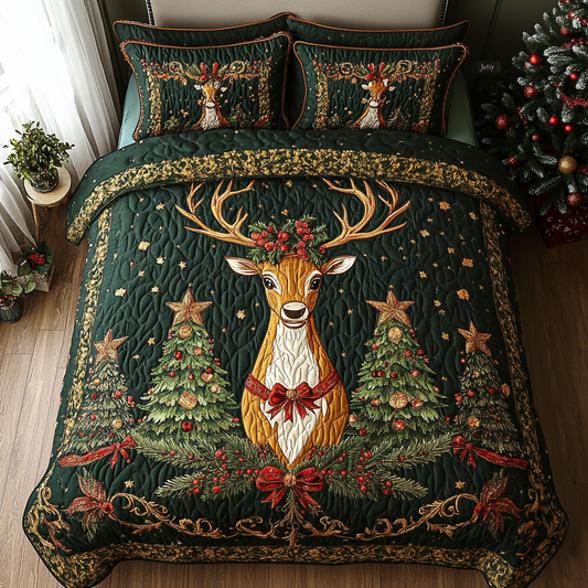 Festive Reindeer Forest 3-Piece Quilted Bedding Set NCU0DV1726