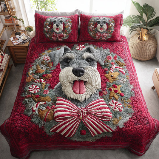 Festive Schnauzer Wreath 3-Piece Quilted Bedding Set NCU0HH398