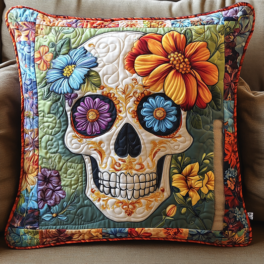 Festive Skull Flowers Quilted Pillow Case NCU0TL1874