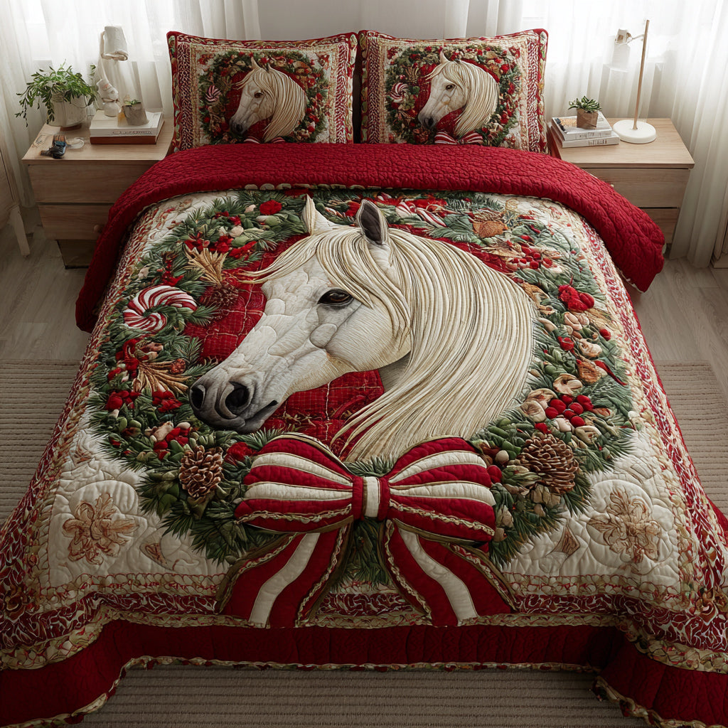Festive White Horse 3-Piece Quilted Bedding Set NCU0HH739