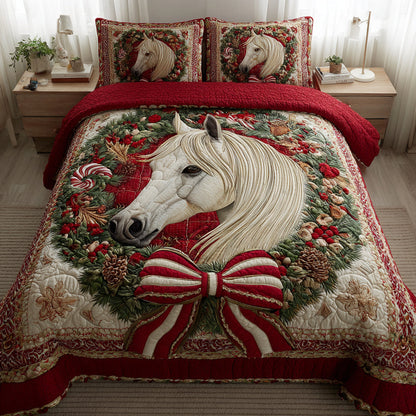 Festive White Horse 3-Piece Quilted Bedding Set NCU0HH739