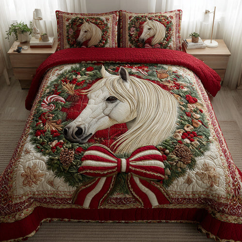 Festive White Horse 3-Piece Quilted Bedding Set NCU0HH739