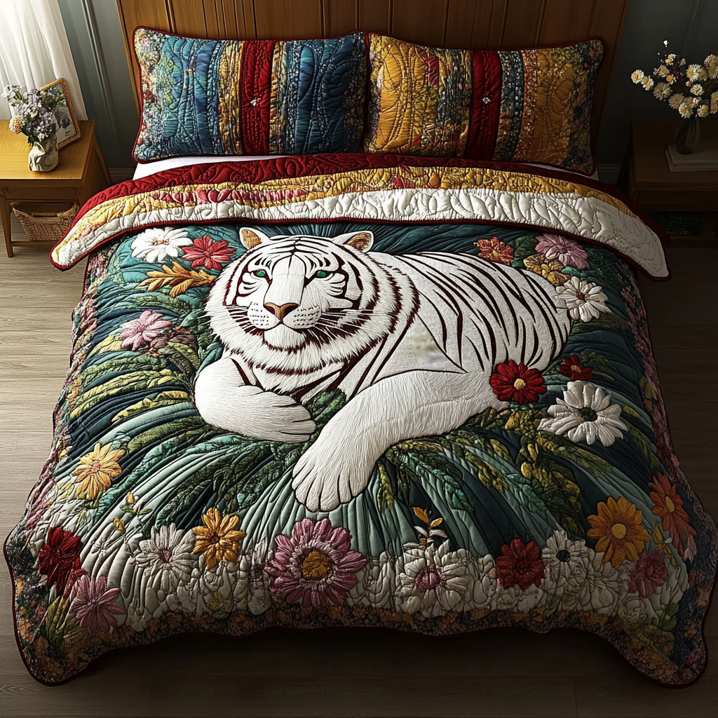Fierce White Tiger 3-Piece Quilted Bedding Set NCU0DK3736