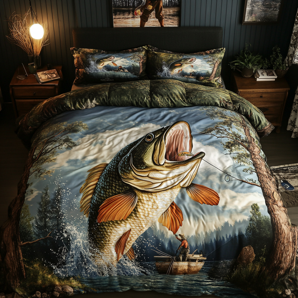 Fishing Glory 3-Piece Quilted Bedding Set NCU0DK8162