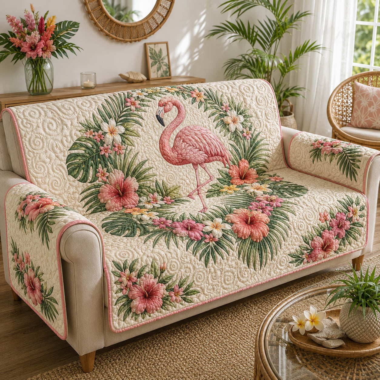 Flamingo Bliss Quilted Sofa Cover NCU0TD2983