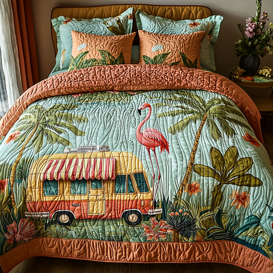 Flamingo Camping 3-Piece Quilted Bedding Set NCU0DV6127