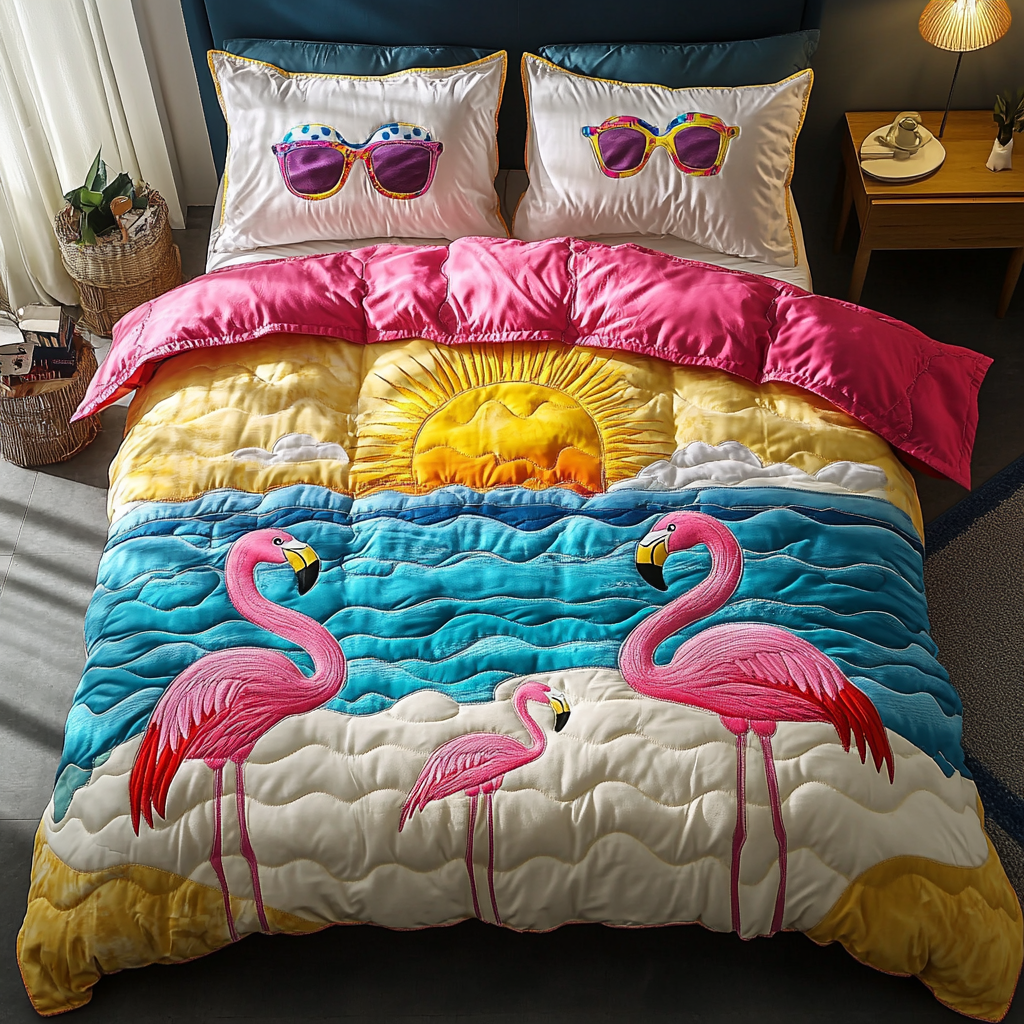 Flamingo Delight 3-Piece Quilted Bedding Set NCU0DK6735
