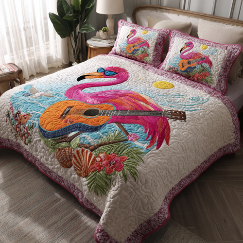 Flamingo Delight 3-Piece Quilted Bedding Set NCU0DK8382