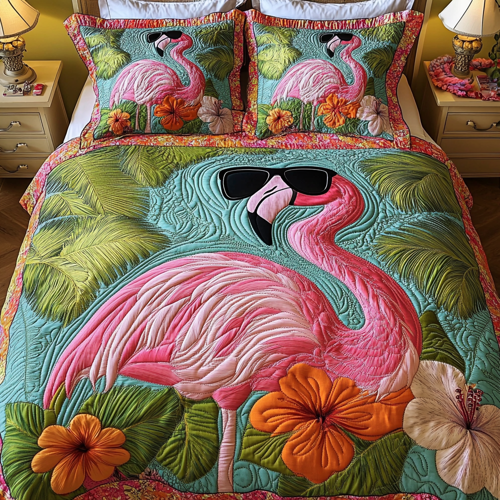 Flamingo Garden 3-Piece Quilted Bedding Set NCU0DK9039