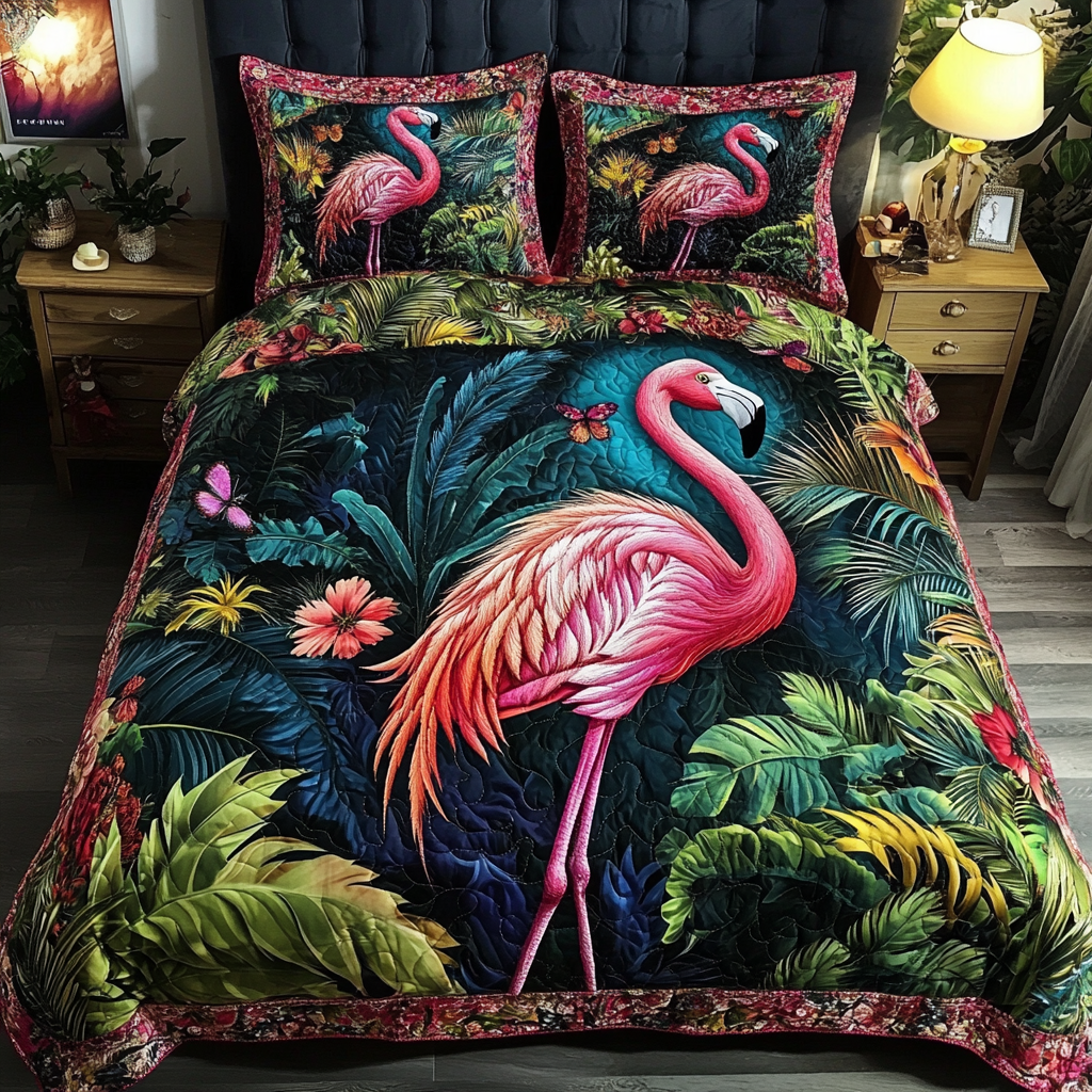 Flamingo Glow 3-Piece Quilted Bedding Set NCU0DK6739
