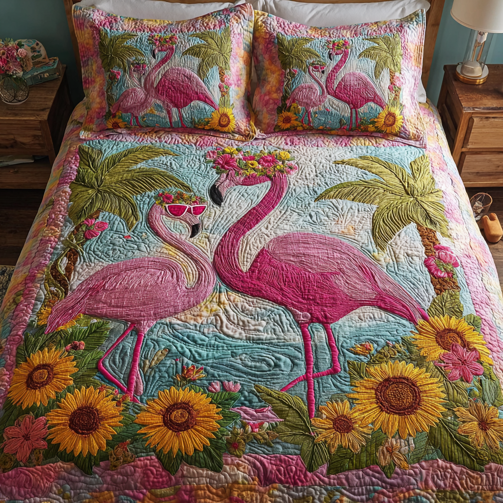 Flamingo Grace 3-Piece Quilted Bedding Set NCU0DK8386