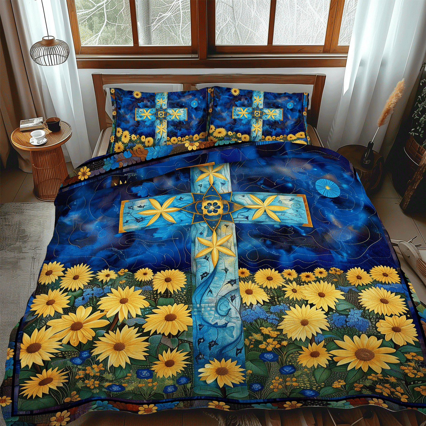 Floral Cross 3-Piece Quilted Bedding Set NCU0TH982