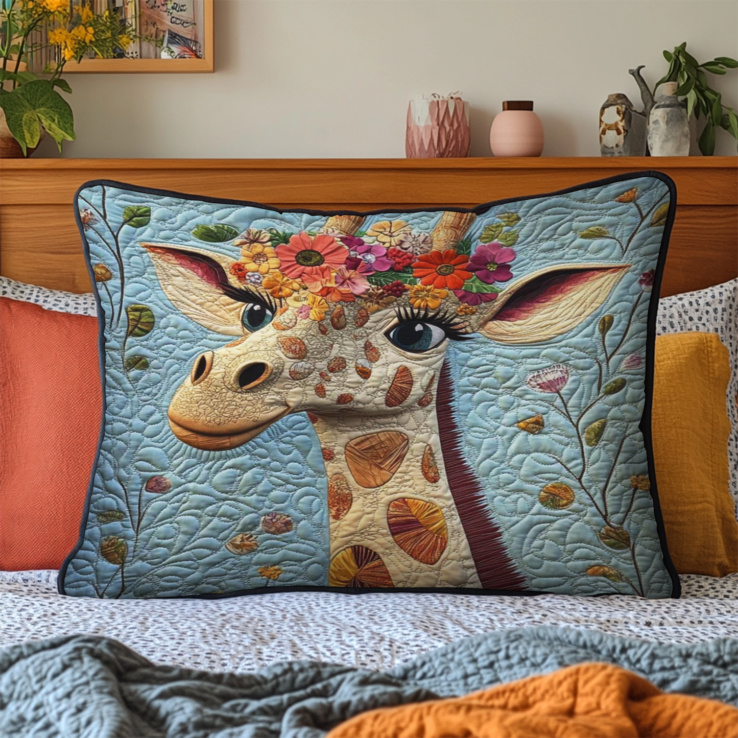 Floral Crowned Giraffe Quilted Bedding Pillow Case NCU0NT3692