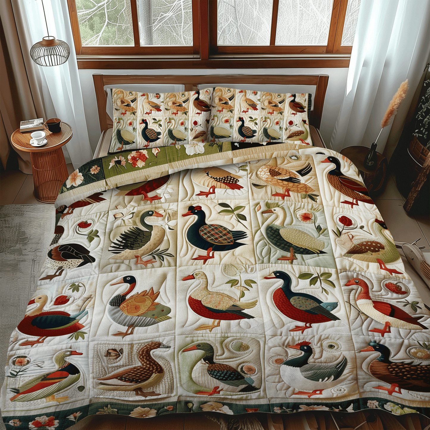 Floral Duck 3-Piece Quilted Bedding Set NCU0DV403