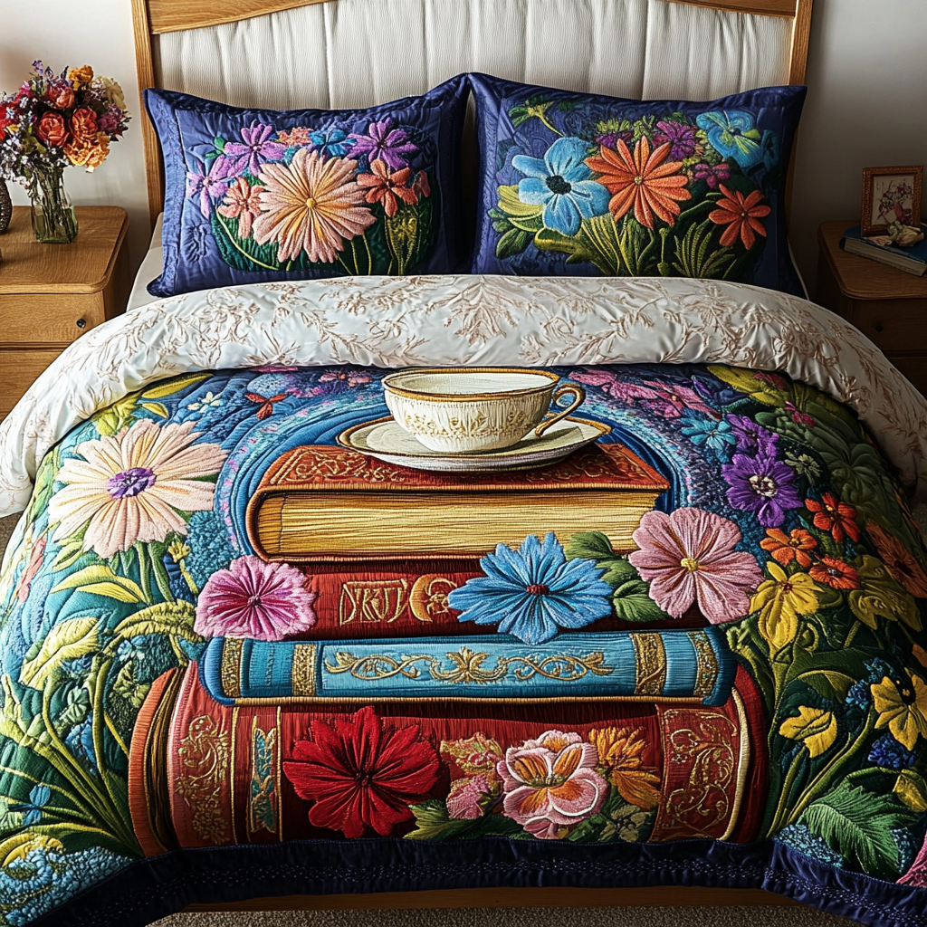 Floral Book Nook 3-Piece Quilted Bedding Set NCU0VL1329