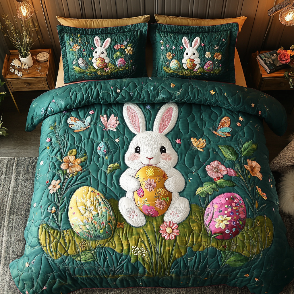 Floral Bunnies 3-Piece Quilted Bedding Set NCU0VH2953