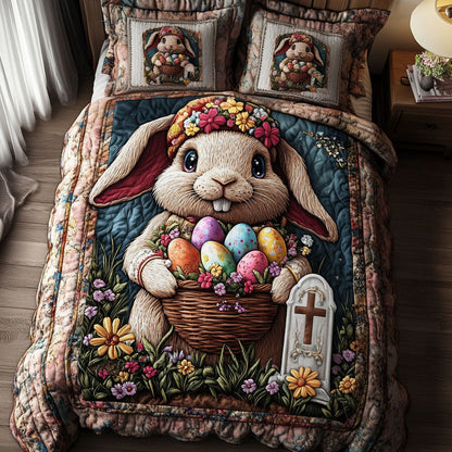 Floral Bunny Basket 3-Piece Quilted Bedding Set NCU0NT2897