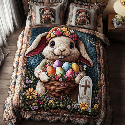 Floral Bunny Basket 3-Piece Quilted Bedding Set NCU0NT2897
