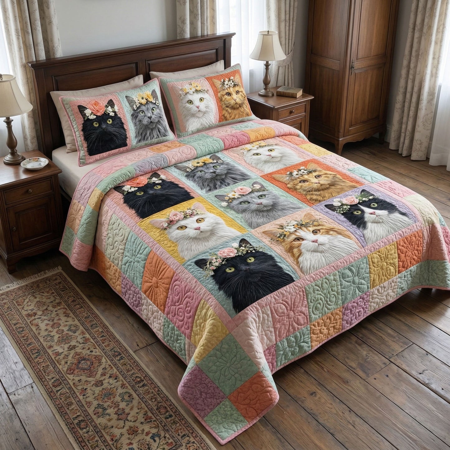 Floral Cat Patchwork 3-Piece Quilted Bedding Set NCU0NT12466