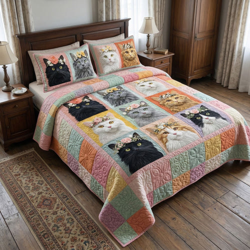 Floral Cat Patchwork 3-Piece Quilted Bedding Set NCU0NT12466
